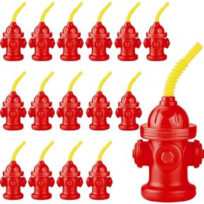 Haundry 16-Pack Fire Hydrant Straw Cups With Lids for Paw Patrol Party Decorations, 10oz Firefighter Firetruck Birthday Party Decorations, Reusable Red Plastic Kids Party Supplies
