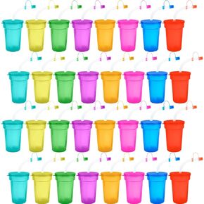 32 PCS Neon Sipper Cups Colorful Cups with Lids and Straws Neon Plastic Straw Cups for Birthday Party Favors Campus Celebrations Event Rewards, 8 Colors