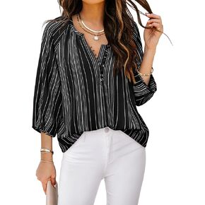 Womens Blouses Dressy Casual V Neck 3/4 Sleeve Tops Fashion Boho Chiffon Button Down Shirts