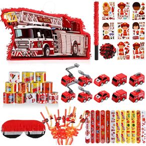 Syhood 62 Pcs Firefighter Party Favors, Small Fire Truck Piñata Bundle with a Blindfold and Bat Fire Truck Party Supplies Stickers Firefighter Slap Bracelets Fire Truck Toy Drinking Straw for Birthday