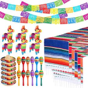 Hungdao 36 Pcs Mexican Decorations Include 6 Donkey Pinatas 12 Large Fiesta Maracas 6 Mexican Sombrero Hats 6 Mexican Serape Table Runners 6 Mexican Banners for Mexican Decorations Favors