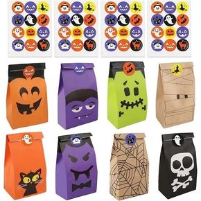 Tort-Mangou 40 Pcs Halloween Candy Treat Bags with 40 Halloween Theme Stickers Halloween Paper Favor Bags Halloween Paper Candy Goody Bags Trick or Treat Bags for Kids Mini Paper Gift Bags for Treats Snacks, Halloween Goodie Bags Party Supplies (Multicolo