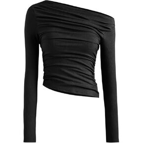 CIDER Solid Asymmetrical Neck Long Sleeve Top