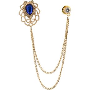 Knighthood Blue Stone with Laser Cut Flower and Stone Chain Brooch Lapel Pin