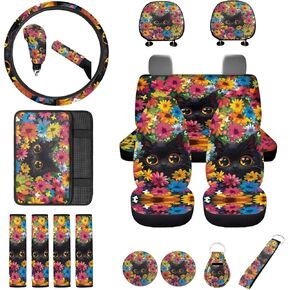 18Pcs Strawberry Car Seat Cover Set Split Covers with Steering Wheel Cover,Headrest Cover Car Cup Holder Coasters,Seat Belt Covers Armrest Cover Protector Handbrake Cover and Key Chain