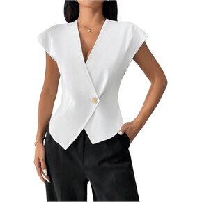 SweatyRocks Women's Elegant Cap Sleeve Blazer Wrap V Neck Button Solid Work Office Vest Jackets