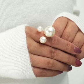 LRGKMCWTOB Simulated Pearl Wrap Ring Gold Plated Stainless Steel Ring Handmade Pearl Ring Stacking Pearl Statement Rings Adjustable Open Pearl Full Finger Ring Trendy Personality Pearl Jewelry