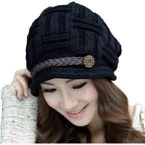 Roll Up Women's Girls Cute Winter Cozy Fur Earflap Knitted Wool Button Braided Strap Ski Cap Beret Newsboy Beanie Hat Visor