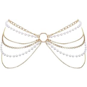 Asooll Sparkly Pearl Layered Waist Chain Gold Beach Bikini Belly Chains for Women and Girls