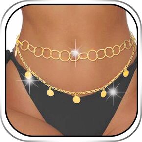 Reetan Gold Coins Waist Chain Layered Muti-Ring Body Chain Boho Belly Chain for Women