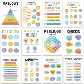 12Pcs Mental Health Posters, Therapy Office Decor School Counselor Counseling Office Must Haves Therapist, Mental Health Awareness Decorations for Office, Motivational Posters for Classroom (10"x14")