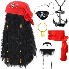 Pirate Costume Accessories for Men Women Halloween Pirate Costume with Eye Patch Necklace Earring Beard Hat Headband