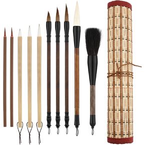 9pcs Chinese Calligraphy Brush, Writing Brush with Roll-up Brush Holder Chinese Watercolor Brushes Chinese Painting Brush for Kanji Drawing Calligraphy Enthusiasts Beginners Gift