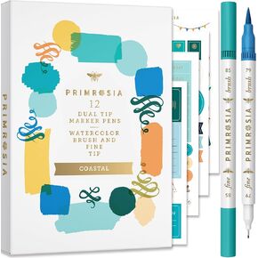 Primrosia 12 Dual Tip Watercolor Marker Pens - Fine Tip & Brush Tips, Professional Quality, Blendable, Non-Toxic, Perfect for Calligraphy, Drawing, Coloring, and Art Projects. (Coastal Set)