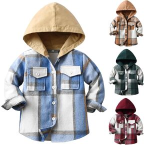 Winmany Little Boys Plaid Hoodie Shirt Toddler Button Down Jacket Outwear Long Sleeve Fall Spring Outfit for 2-8 Years