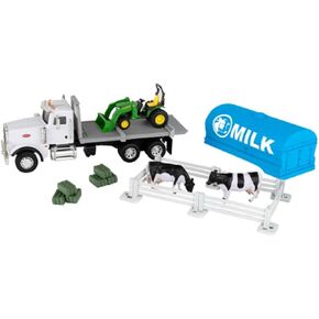 John Deere 1/32 Scale Switch n Load Peterbilt Semi Hauling Milk Tank or Flabed Trailer with Tractor 18 pc Set LP83013 47496