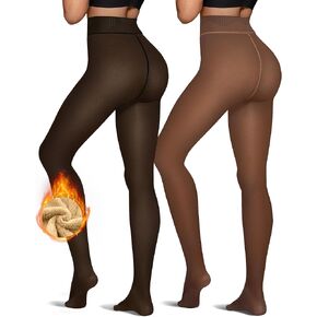 OEAK Womens 2 Pairs Fleece Lined Tights Leggings Sheer Fake Translucent Pantyhose Thermal High Waisted Footed Opaque Tights