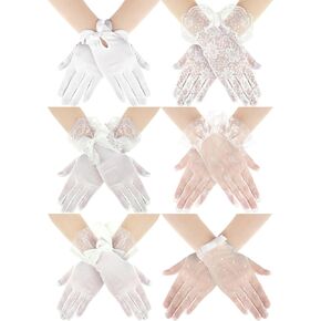 Maitys 6 Pairs White Lace Gloves Bulk Tea Party Gloves for Women Elegant Short Gloves for Ladies Girls Wedding 1920s Party