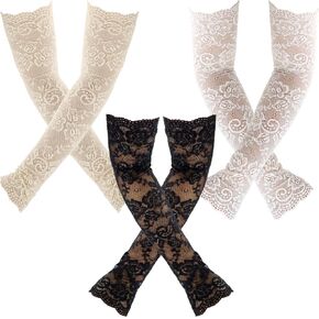 NODG 3 Pairs Women Long Lace Glove Sunblock Fingerless Bridal Arm Sleeves Stretchy Elbow Length Floral Gloves Bridal Gloves for Wedding Dance Tea Party Cosplay Party Costume Accessories