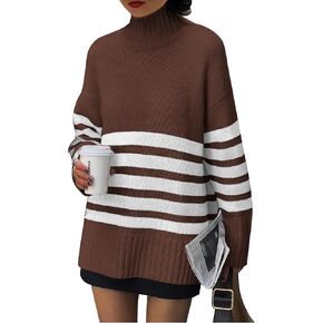 PRETTYGARDEN Women's Oversized Striped Sweaters 2024 Fall Casual Long Sleeve Turtleneck Pullover Chunky Knit Jumper Tops