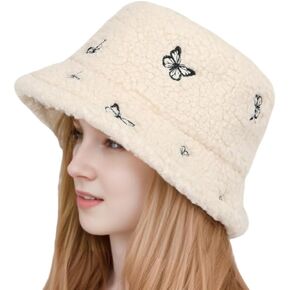 Winter Faux Fur Fuzzy Bucket Hat Fluffy Warm Hat Plush Shearling Butterfly Fisherman for Women Men