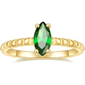 14K Gold Plated Engagement Rings for Women Created Green Emerald Solitaire Emerald Oval Marquise Cut Wedding Band Promise Ring for Her Size 5-10