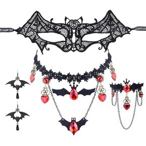 JeryWe 4Pcs Halloween Black Lace Choker Bat Set Gothic Layered Bat Necklace Halloween Bat Dangle Earrings Bat Bracelet Masquerade Mask Red Rhinestone Vampire Costume Accessories for Women Punk Party Vintage Accessories Jewelry Costumes Jewelry