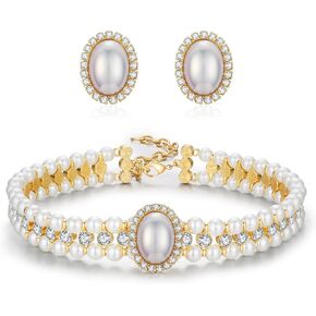 Elegant Pearl Necklace and Earrings Set for Women Rhinestone Pearl Choker Sets Jewelry for Wedding Prom