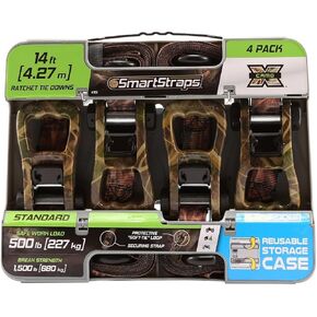 SmartStraps 14’ Camo X Ratchet Straps, 4 Pack — Standard Duty Camo Ratchet Straps, 1,500lb Break Strength, 500lb Safe Work Load — Haul Dirt Bikes, ATVs, and Lawn Tractors with Patented Technology