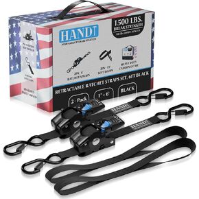 HANDT Retractable Ratchet Straps (2PK) 1in x 6ft - 1,500lb Break Strength, Heavy Duty Tie Down Automatic Self Ratcheting Strap Downs Push Button Retracting for Truck, Trailer, Motorcycle | Black