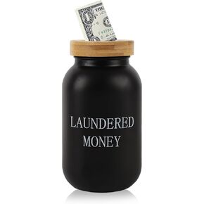 Laundry Room Bank Coin Jar,Funny Laundered Money Tip Jar,Glass Mason Jar with Money Slot and Bamboo Lid,Piggy Bank,Rustic Coin Bank for Laundry Room Decor & Farmhouse Style Home Decor. (White)