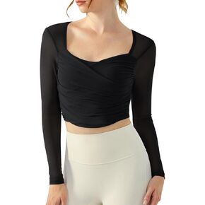 LASLULU Womens Mesh Long Sleeve Workout Tops Sexy Sweetheart Neck Double Lined Athletic Yoga Gym Tops with Built in Bra
