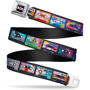 Nickelodeon Seatbelt Buckle Belt, Nick 90s Rewind Mash Up Cassette Tapes Black