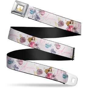 Disney Belt, Seatbelt Buckle Belt, Sleeping Beauty Aurora and Fairy Godmothers Pose with Script, Adjustable
