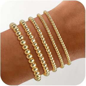 Wowshow Gold Bracelets for Women Strand Gold Beaded Bracelets for Women Gold Bracelet Stack 14K Gold Plated Stackable Bead Ball Bracelet Sets Jewelry Gifts for Women