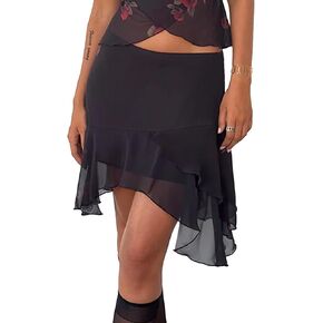 SOFIA'S CHOICE Women's Mesh Ruffle Mini Skirt Asymmetrical Hem Overlay Skort