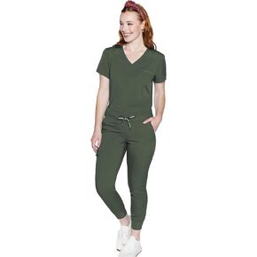 Med Couture Women's Scrub Set with V- Neck Scrub Top MC7448 and 2-Way Stretch Pants 7710, Olive - XL Top/XL Tall Pant