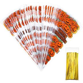 Tatuo 100 Pcs Halloween Candy Bags Pumpkin Patterned Cone Treat Bags Triangle Cellophane Pouch with 100 Pieces Gold Twist Ties for Popcorn Goodie Cookie Halloween Party Favor