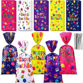 150 Pcs Party Favor Bags Assorted Colors Cellophane Bags Birthday Party Cellophane Treat Bags Goody Bags with 200 Twist Ties for Kids Birthday Party Decorations Baby Shower Supplies, 5 Styles (Star)