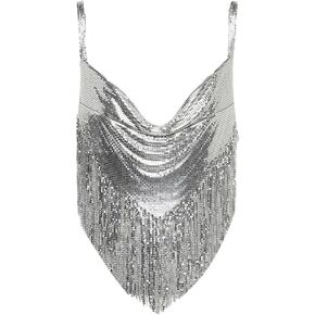 Women's Sparkle Crystal Rhinestone Body Chain Tassels Backless Silver Crop Top Metallic Glitter Halter Sequin Rave Outfit