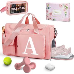 Gym Duffle Bag, Large Gym Bag for Women w Shoes Compartment, Ini-tial Weekender Bags for Women, Foldie Travel Bag with Trolley Sleeve, Personalized Christmas Gifts for Women w Makeup Bag Gift Box A