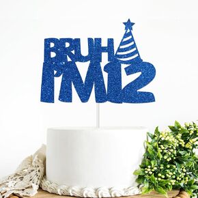 Bruh I'm 12 Cake Topper Blue Glitter 12th Birthday Party Cake Decor for Kids Boys Happy 12th Birthday Party Sign Funny Twelve Years Old Birthday Party Decoration Supplies