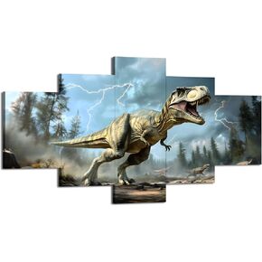 Allosaurus Wall Art Dinosaur Wall Decor Jurassic Prehistoric Behemoth Picture Canvas Print Lightning Natural Painting Poster Framed Home Living Room Boys Room Decoration 5 Panel(60x32 inches)