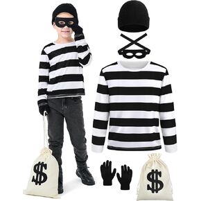 5 PCS Kids Halloween Costume Set, Boys Robber Costume Cosplay Set Burglar Accessories Striped Shirt Beanie Cap Mask
