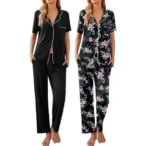 Ekouaer 2 Pack：Womens Pajamas Short Sleeve Pjs Notch Collar Button Up Loungewear Cozy Sleepwear Sets