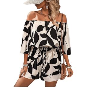 SHENHE Women's Off Shoulder Flutter Sleeve Boho Tropical Romper Short Jumpsuit Playsuit