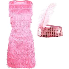 1920s Pink Flapper Dress for Women - Fringed Costume with Headband Charleston