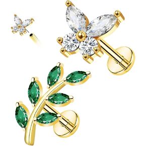 16G 316L Pushin Lip Rings Butterfly Nose Stud Rings Leaf Nose Rings Top Push in Threadless Surgical Steel Flat Back Lobe,Helix, Tragus, Conch Cartilage Earring Studs for Womens