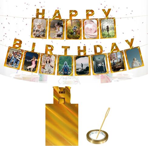 Unique Gold Birthday Photo Banner, Waterproof Happy Birthday Signs with 4x6 inches Photo Frame, Glitter Birthday Letters Banners for Baby, Kids, Adults Birthday Party- Personalizing Party in Saudi Arabia