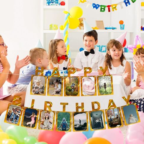 Unique Gold Birthday Photo Banner, Waterproof Happy Birthday Signs with 4x6 inches Photo Frame, Glitter Birthday Letters Banners for Baby, Kids, Adults Birthday Party- Personalizing Party in Saudi Arabia
